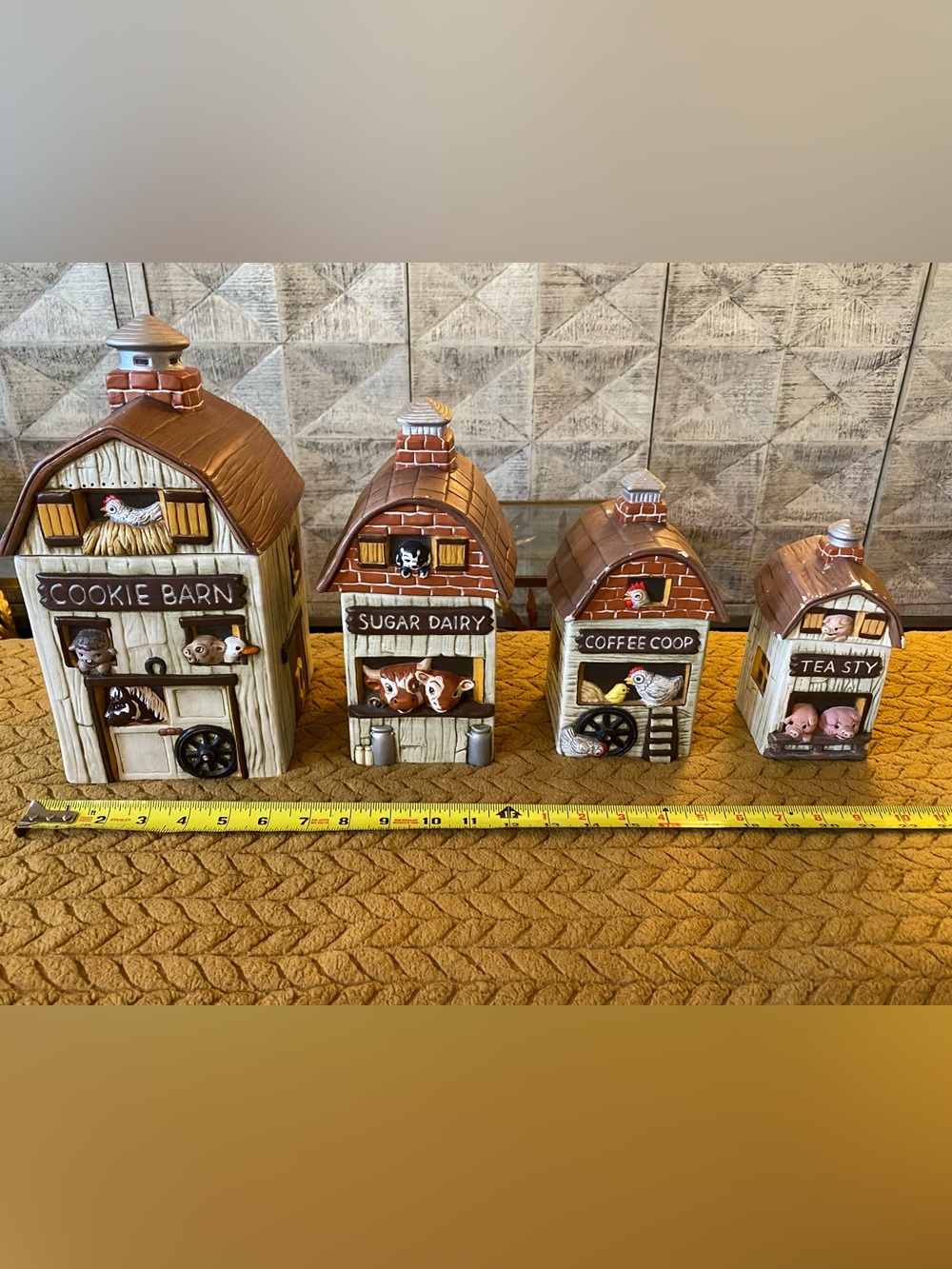 1975 Farm Ceramic Canister set - Cookie Barn, Sugar Dairy, Coffee Coop, Tea Sty